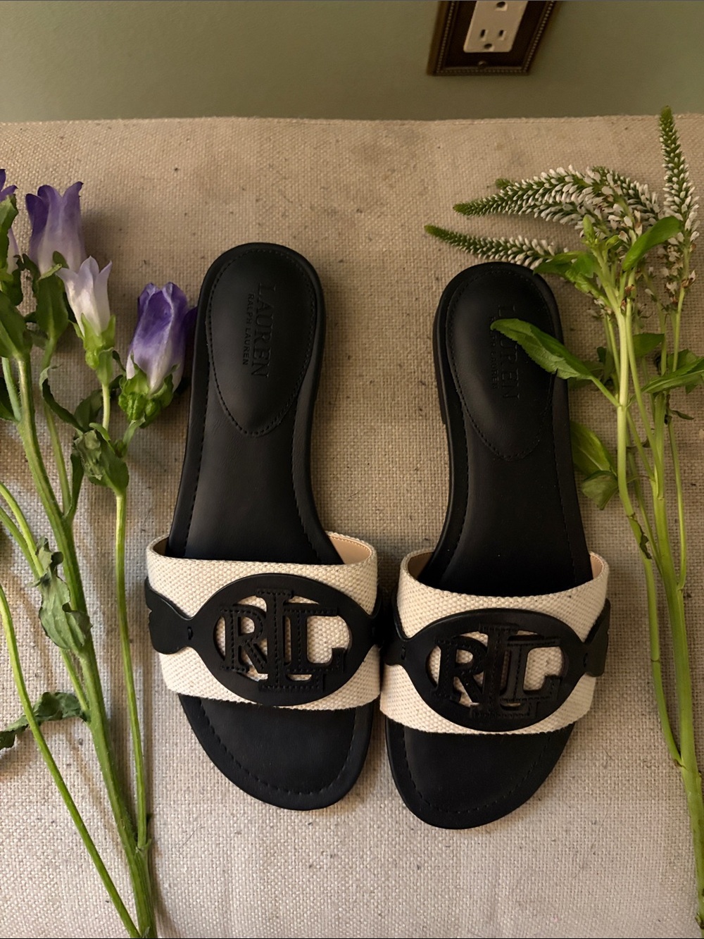 Ralph Lauren Black & Cream RL Monogram Slide Sandals